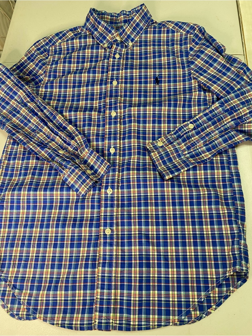 Ralph Lauren Blue Plaid Button-Down Shirt with White and Tan Accents
